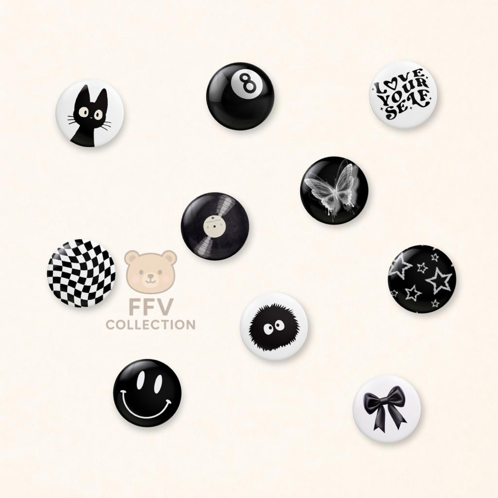 ปุ่มพิน FFV 44mm Aesthetic Black White | น่ารัก Y2K Deco BW