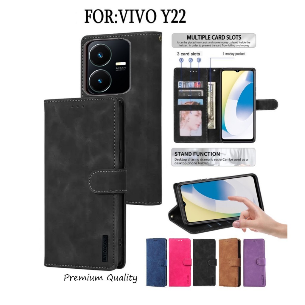 VIVO Y22 Leather Flip Cover Wallet Case - Casing Dompet Case Wallet Leather Flip Case VIVO Y22
