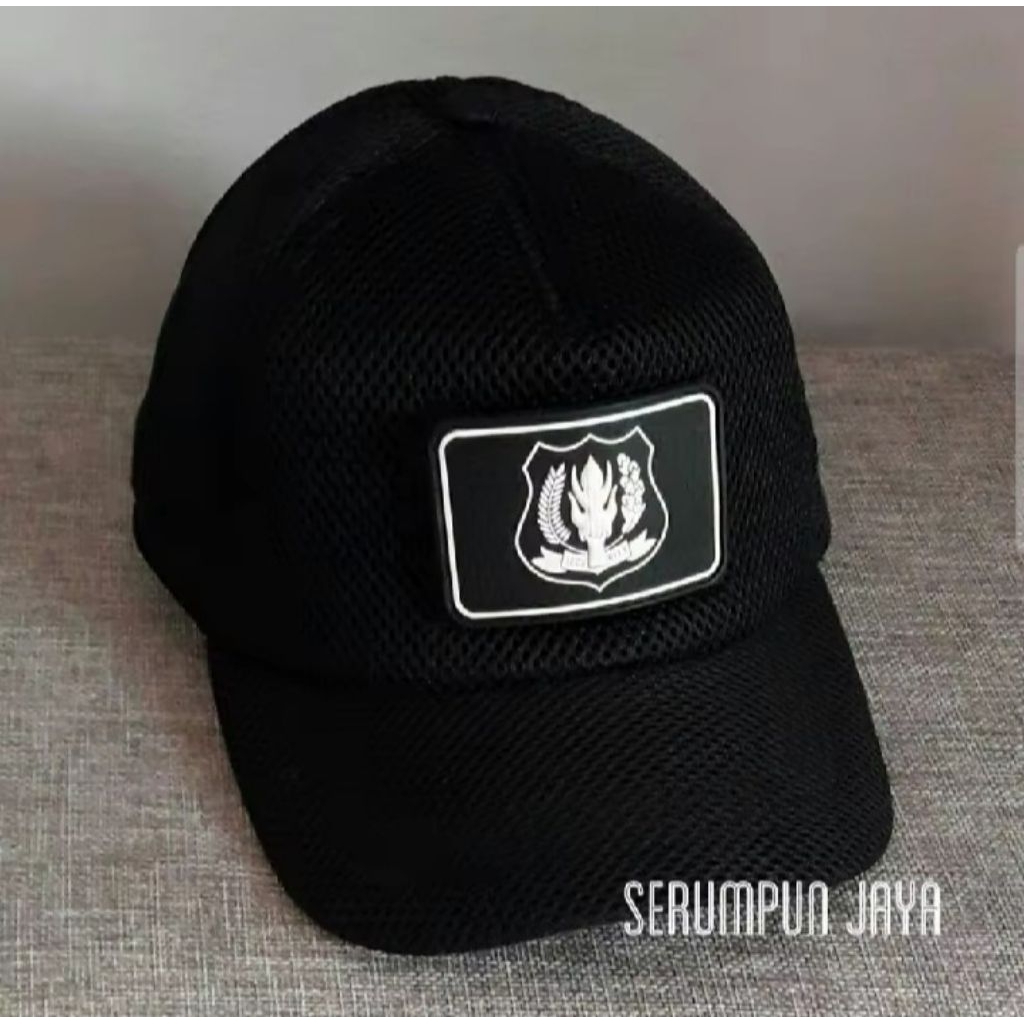 BLACK DOUBLE MESH HAT SECURITY LOGO WHITE 1 RUBBER PATCH - โลโก้สีขาว SECURITY HAT 1 PATCH RUBBER PA