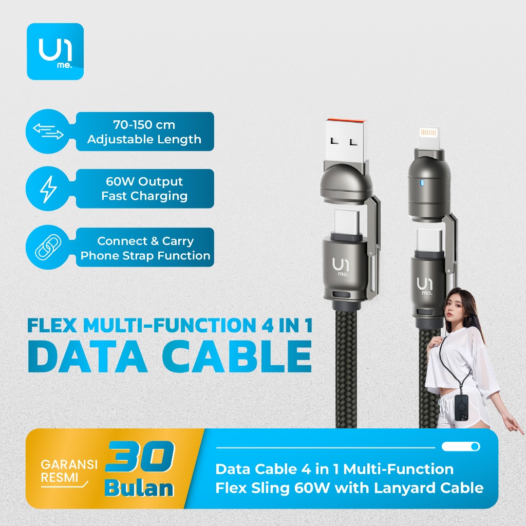 GANTUNGAN HP U1me. Sling Flex Data Cable 4 in 1 Fast Charging มัลติฟังก์ชั่น USB A to Type-C, USB A 