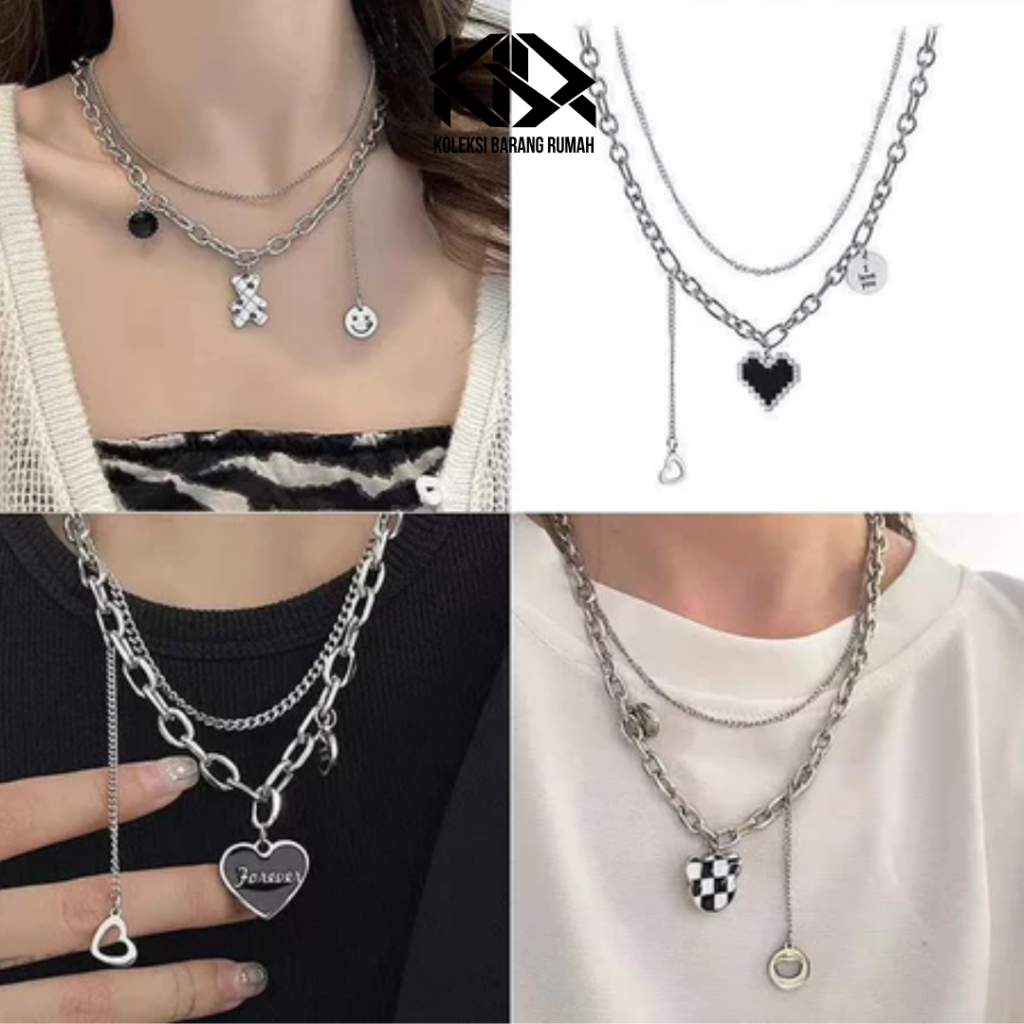 KBR สร้อยคอโมเสกรักไททาเนียมสําหรับผู้หญิงและผู้ชายจี้ฮิปฮอปเกาหลีป้องกันสนิมและจางหายหรูหราหลายชั้น