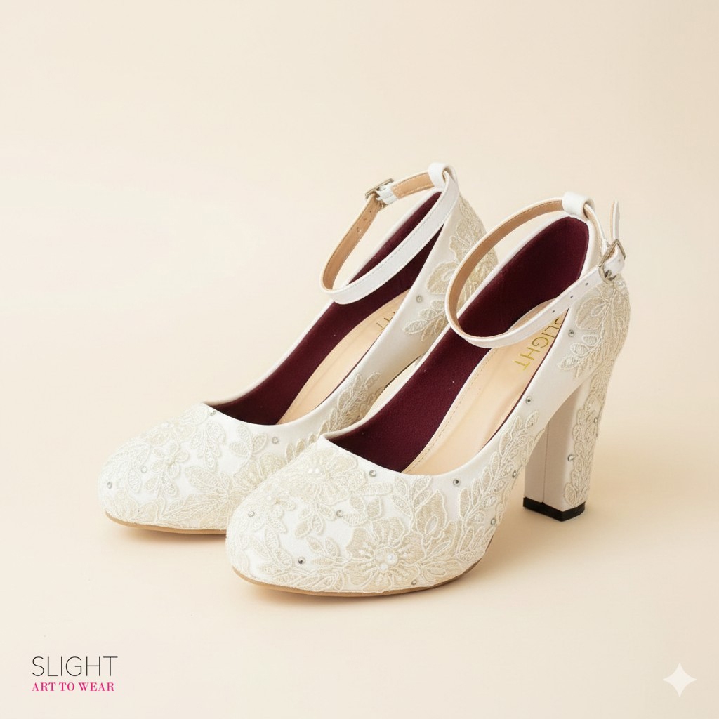 SLIGHT Ankle Strap Chunky Heels ที่กําหนดเองโบรเคดเลื่อมสีขาว