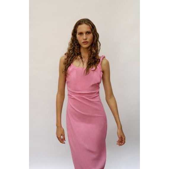 ZARA PINK STRAPPY RUCHED MIDI DRESS