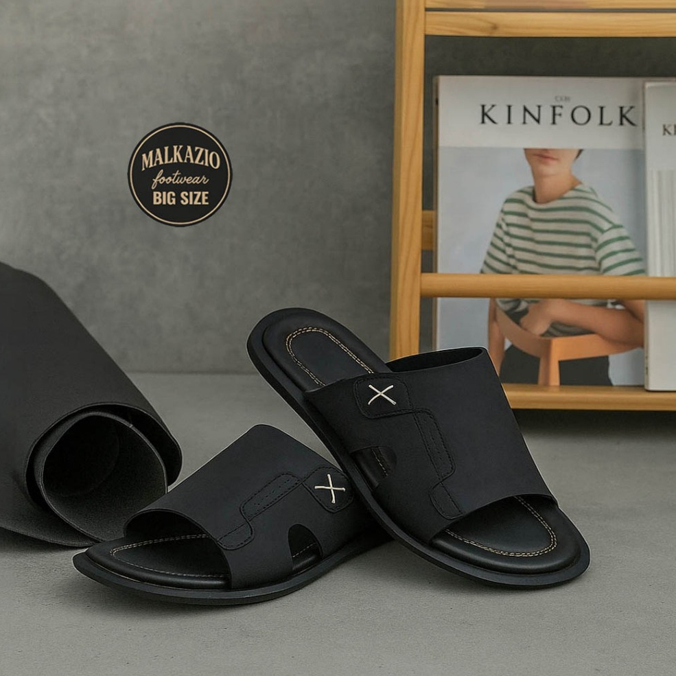 Malkazio - ด้ามจับสีดํา J-01 | รองเท้าแตะผู้ชายขนาดจัมโบ้ขนาดใหญ่ 44 45 46 47 48 รองเท้าแตะหนังแท้ขน