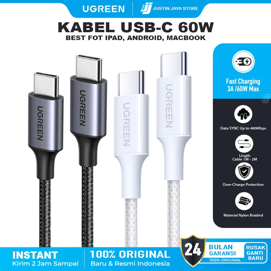 UGREEN PD Type C ถึง Type C สายชาร์จเร็วแบบถักไนลอน Max 3A 60w การรับประกัน Ugreen อย่างเป็นทางการ