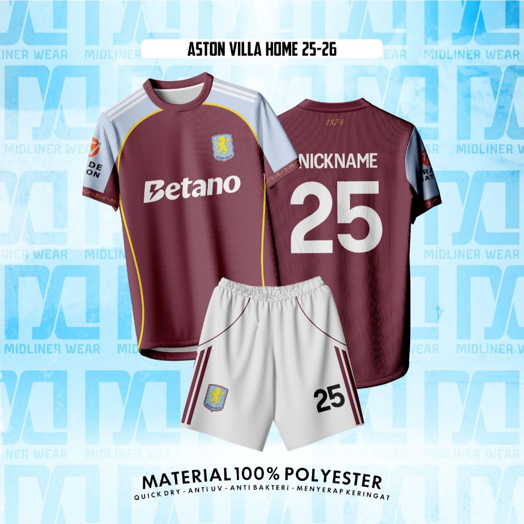 Fantasy ASTON VILLA HOME 25/26 Dryfit เสื้อฟุตบอลเด็กและผู้ใหญ่ – ชุดแขนสั้นยาว/ชื่อที่กําหนดเองฟรีด้านบน
