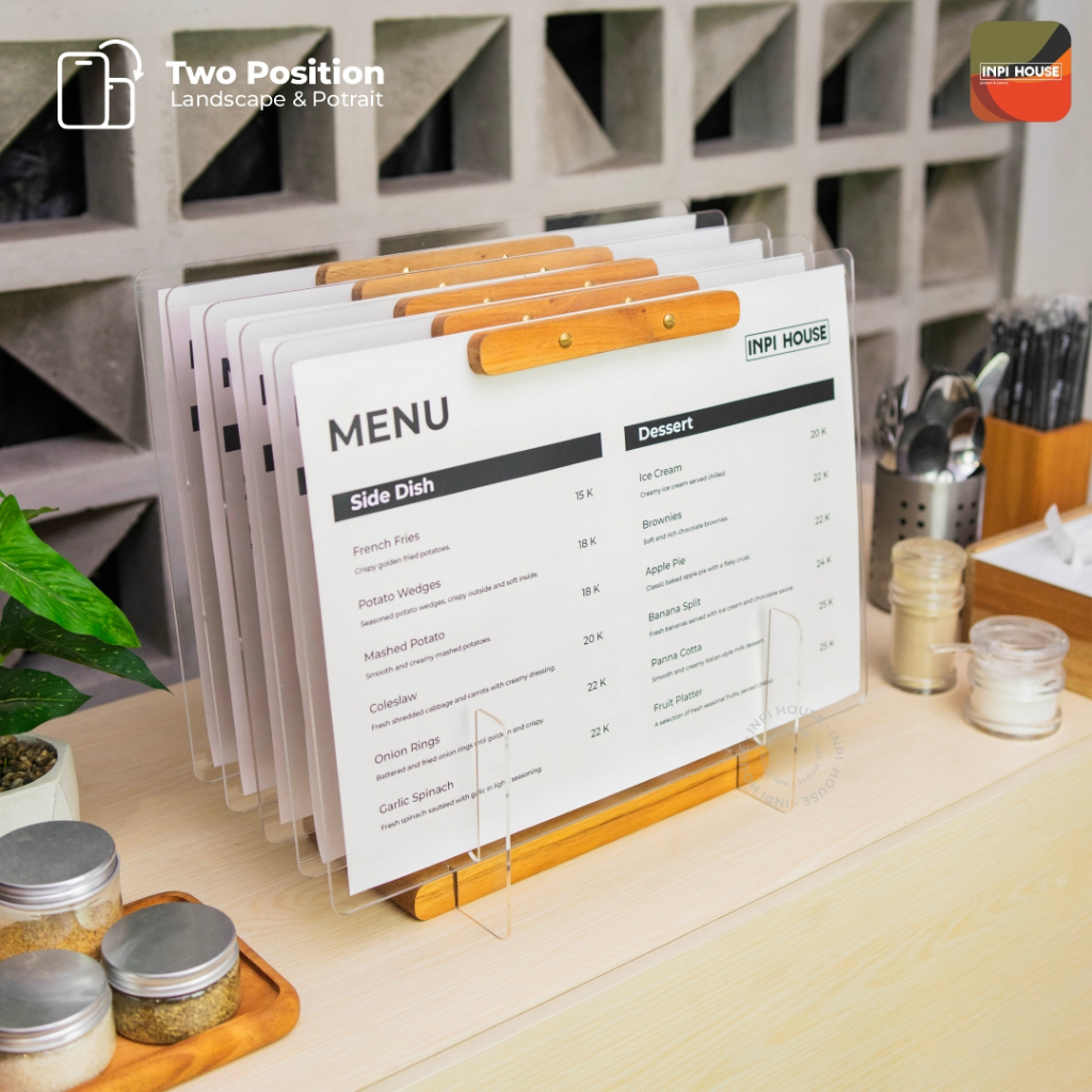 INPI HOUSE Menu Board, Stand - ป้ายแสดงเมนูขนาด A3, ชั้นวางป้ายเมนู - ไม้ + อะคริลิก