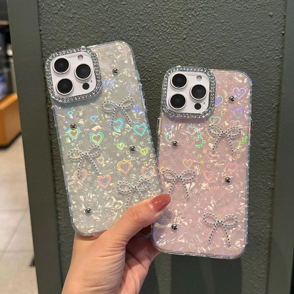 เคส IPHONE 14 15 16 17 PRO PROMAX Sparkling Diamond Ribbon Silver Cute Ribbon Blink Heart GC260 IMD2