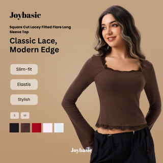 Joybasic - [Soft Sculpt]  Square-Cut Lacey Fitted Flare Longsleeve Top