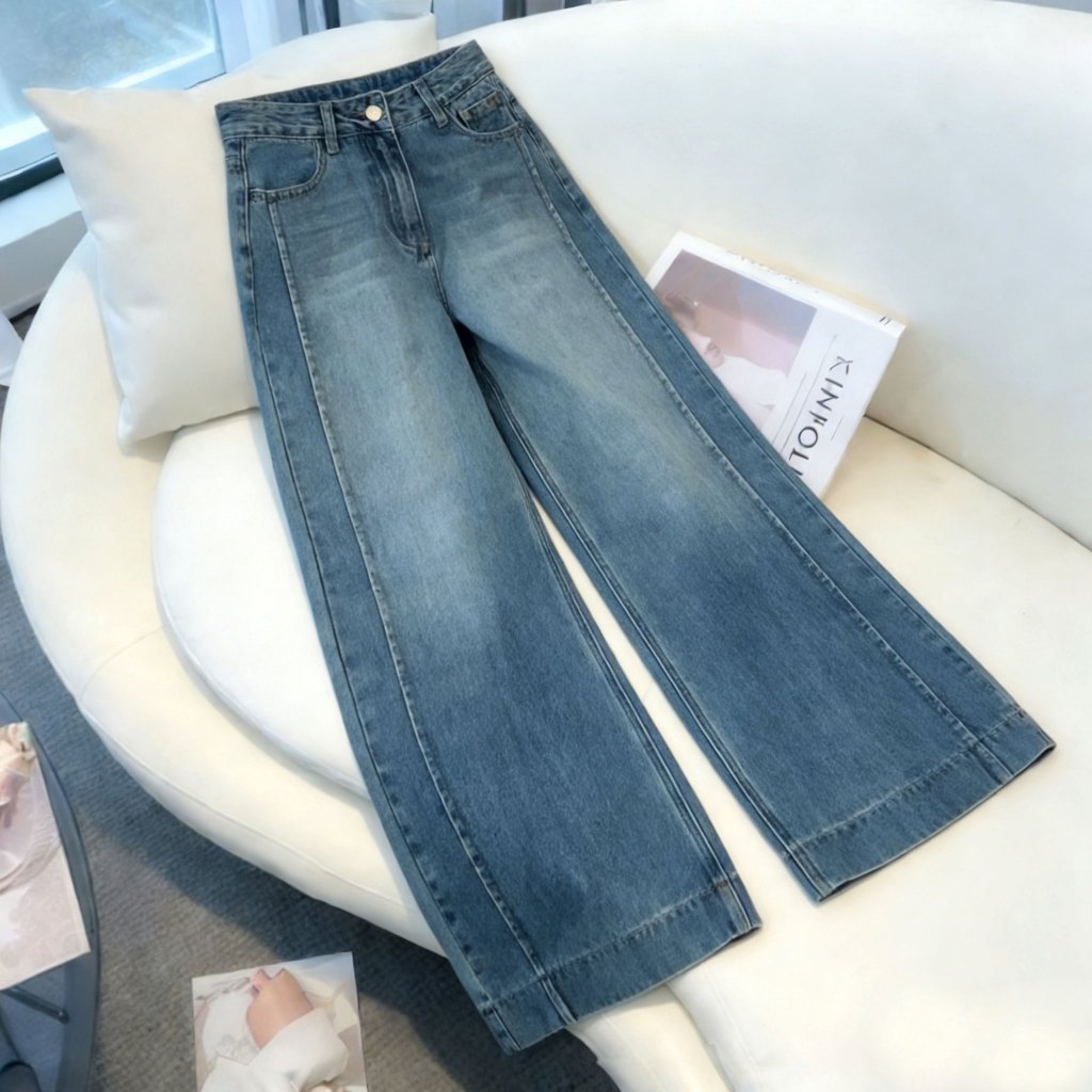 กางเกงยีนส์ กางเกงยีนส์ Culottes เกาหลีล่าสุดเอวสูงสีน้ําเงิน - กางเกงยีนส์ Baggy Baggy Baggy Jeans 