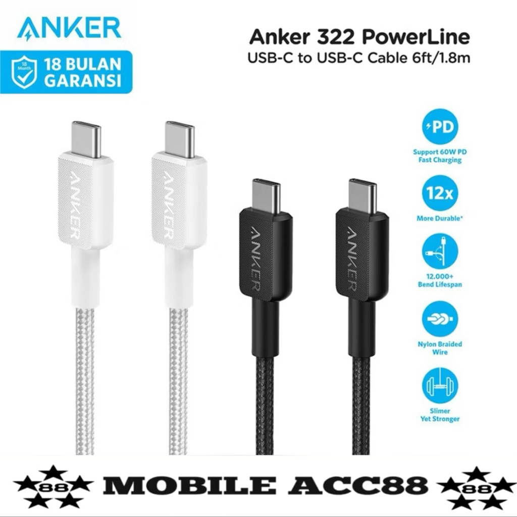 Anker 322 Usb-C to Usb-C Data Cable 3ft 0.9m Braided - A81F5