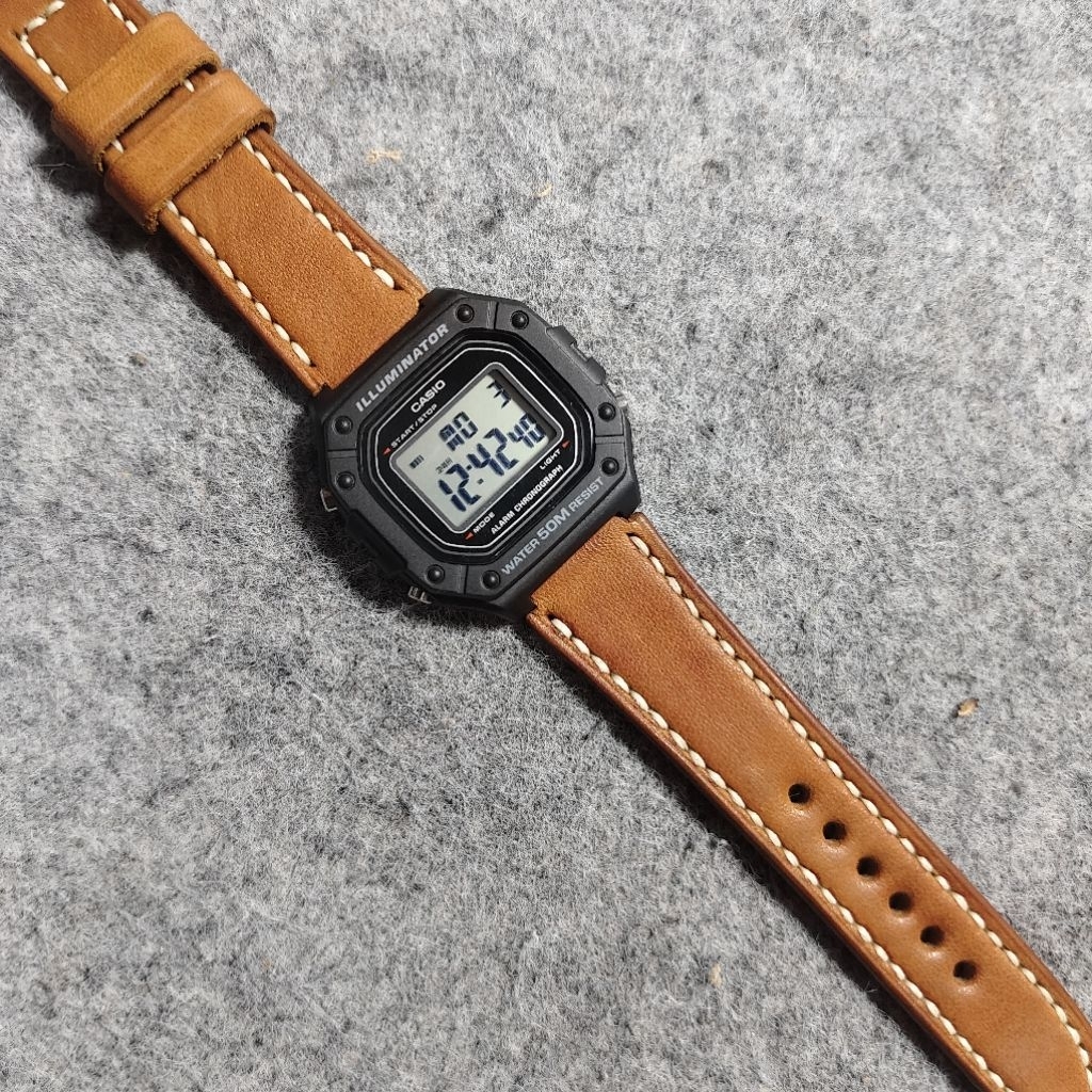 Casio W218 W218H สายนาฬิกาหนังแฮนด์เมด