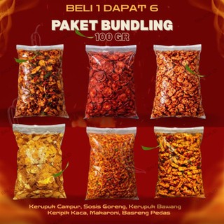 BELI 1 DAPAT 6 PAKET BUNDLING BASRENG, KERUPUK CAMPUR, KERUPUK BAWANG, MAKARONI, SOSIS, KERIPIK KACA PEDAS DAUN JERUK KEMASAN 100GR
