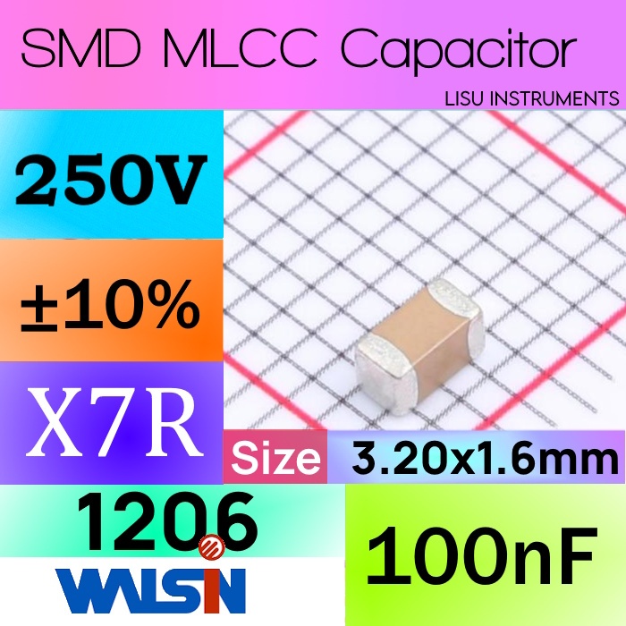 100nF 1206 250V X7R ±10% SMD MLCC ตัวเก็บประจุ Walsin 1206B104K251CT