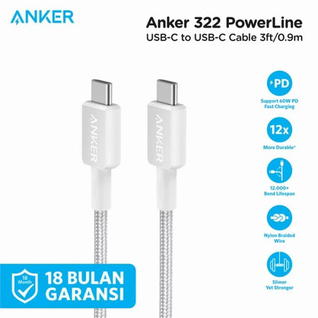 ANKER Type C to Type C 322 สายชาร์จ 60W (แบบถัก 3 ฟุต)