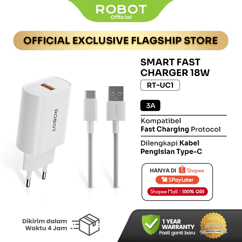 ROBOT Smart Fast Charger 18W 3A USB Type-C Fast Charging Adapter RT-UC1 Original - รับประกัน 1 ปี