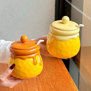Toples Bumbu Madu Keramik + Sendok Honey Jar Lucu Tempat Madu Estetik 600ml
