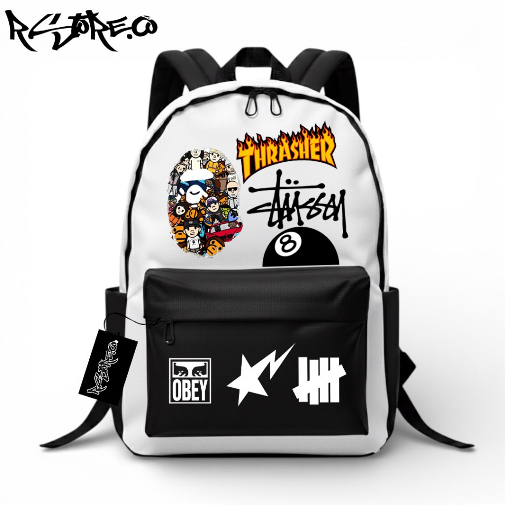 กระเป๋าเป้ผู้ชายลําลอง กระเป๋าเป้ใหม่ล่าสุด 2025 กระเป๋า Cool Stussy X Bape อินเทรนด์ Besic Stm