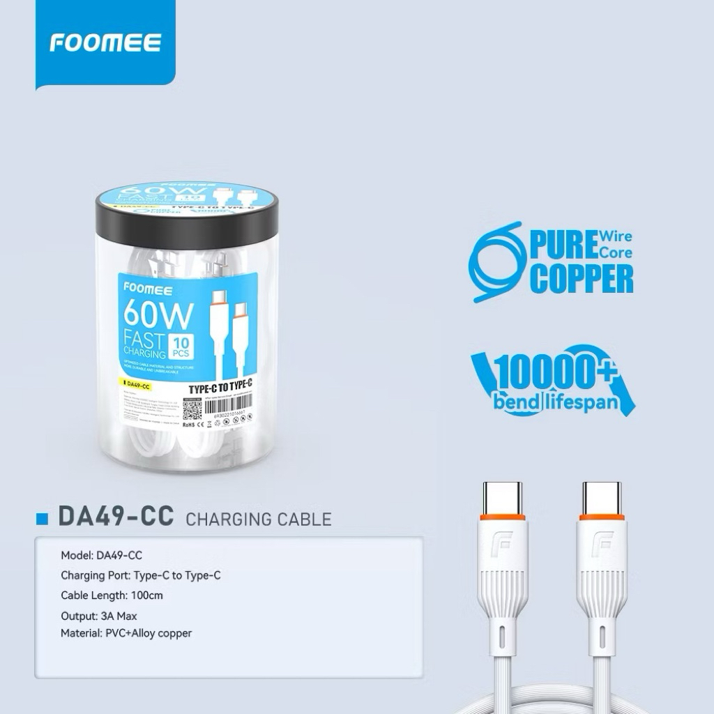 Foomee DA49-CC Type-C to Type-C PD60W Fast Charging Data Cable ปลีก 1 ชิ้น