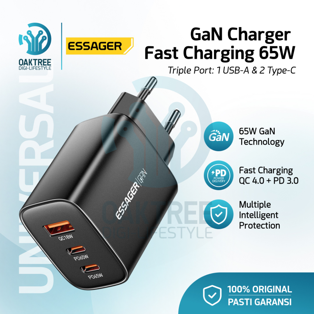 เครื่องชาร์จ Essager GaN ชาร์จเร็ว 65W QC4.0 PD Fast Charger AFC