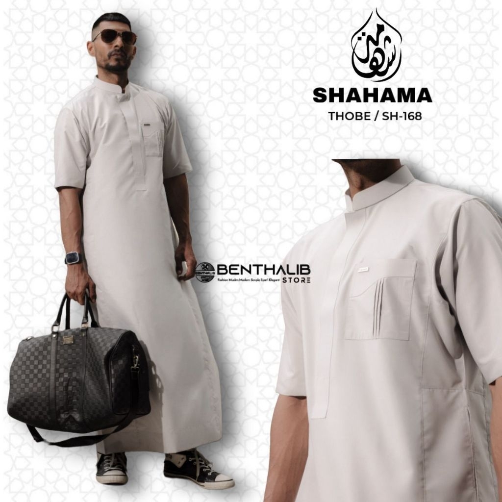 Thobe Shahama SH-168 Light Grey Exclusive Mens Slimfit Short Sleeve Robe Dress