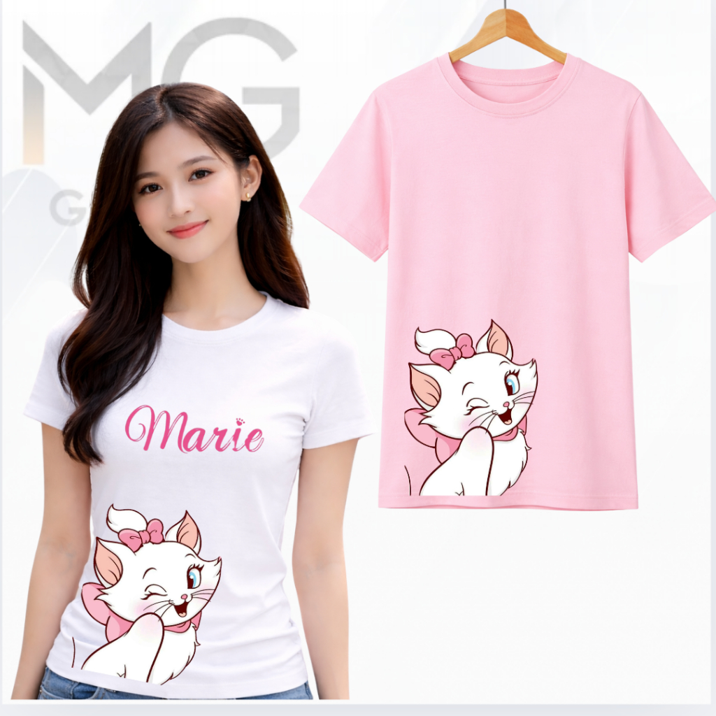 Mantap ขายส่ง Marie Cute Cat White Premium Womens Tops - Marie Cute Cat Girls T-Shirts - MARIE1-10 เ