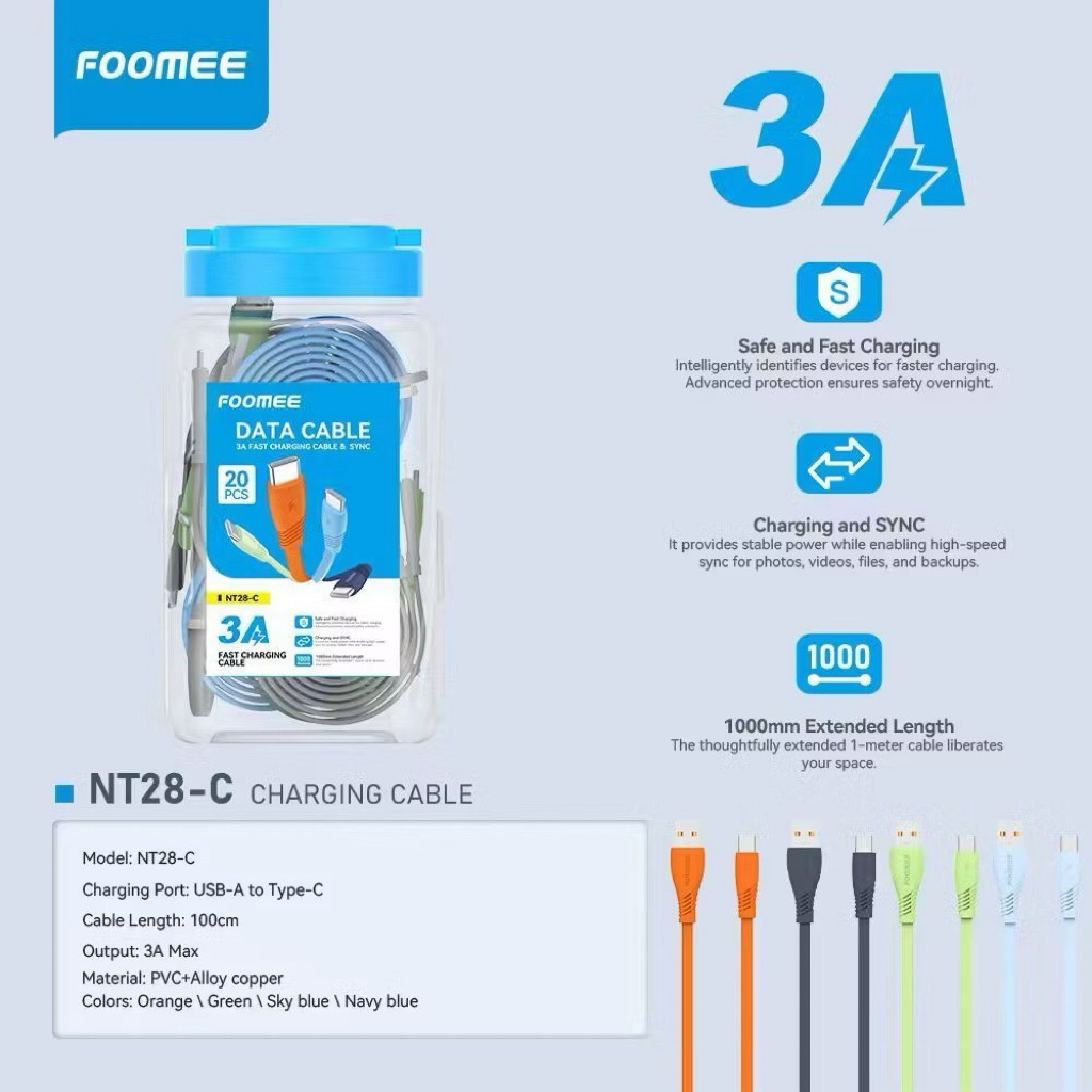 Foomee NT28-C Data Type-C 3A Flat Fast Charging NT28c, 1 กระปุก 20 ชิ้น