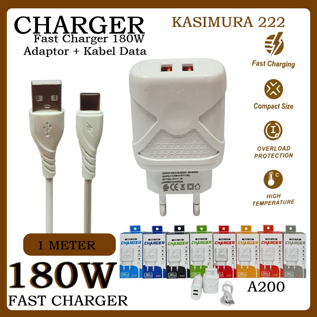 180W Fast Charger Adapter 2 USB-A และ Type C Micro Charger Cable ทั้งหมดสําหรับ Android MODEL A200