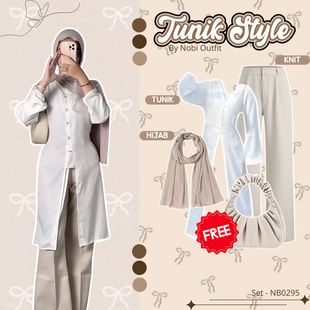 3 In One Set สําหรับผู้หญิง, Modern Nobi Outfit, เสื้อลูกไม้, Kat Eid Tunic (Pasmina+Tunic+Jennie Kn