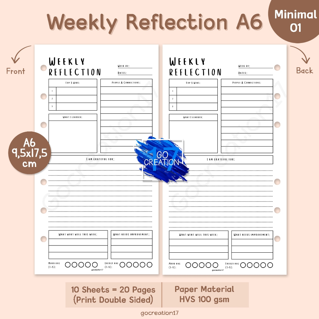 Planner Book Refill Paper Binder Weekly Reflection Simple Minimalist A6