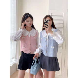 FUGUI Atasan Wanita Vest Kemeja Rajut Variasi Pita Outer Knitwear dengan Desain Elegan dan Warna Pastel Rompi