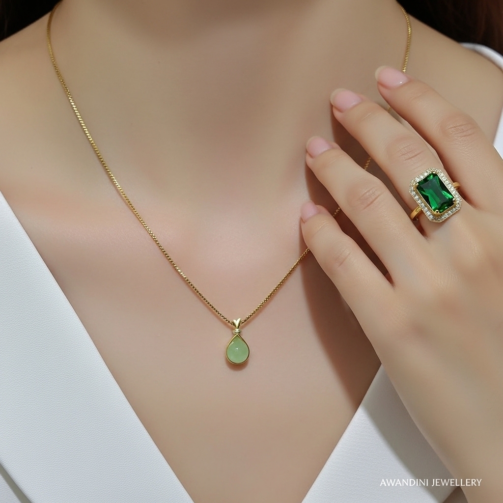 HIJAU Titanium Accessories Set Italian Green Jade Plus แหวนหินขนาดใหญ่ ดีไซน์คลาสสิก Timeless Awandini Jewellery