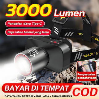Senter Kepala Cahaya Maksimal Plus RechargePro dengan Type C, 1000W Fokus & Penyebaran Zoom 1000Lumen 3000Lumen