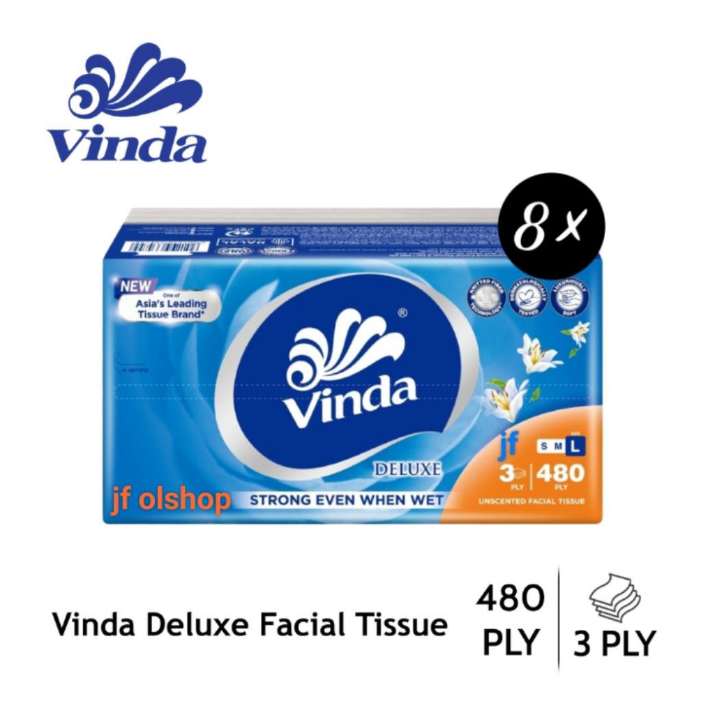 | 8ชิ้น | Vinda deluxe L face soft pack 480ply ทิชชู่ 3 ชั้น - กระดาษเช็ดหน้า