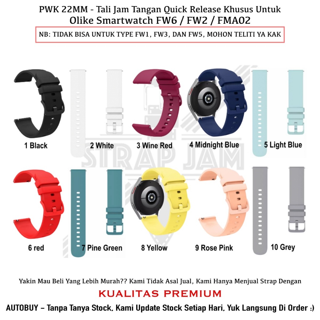 PWK 22mm Olike Smartwatch Strap FW6 / FW2 / FMA02 - ซิลิโคนยืดหยุ่นธรรมดาในสีต่างๆ