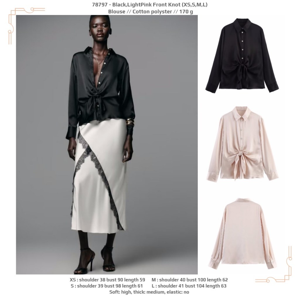 LHL97 - ปมหน้า LightPink/BLACK (XS,S,M,L) - เสื้อเบลาส์