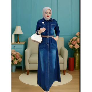 Gamis Terbaru 2026 Model Terbaru Mewah Wanita Busui Friendly S-M-L-XL-XXL Free Belt Denim Elegan