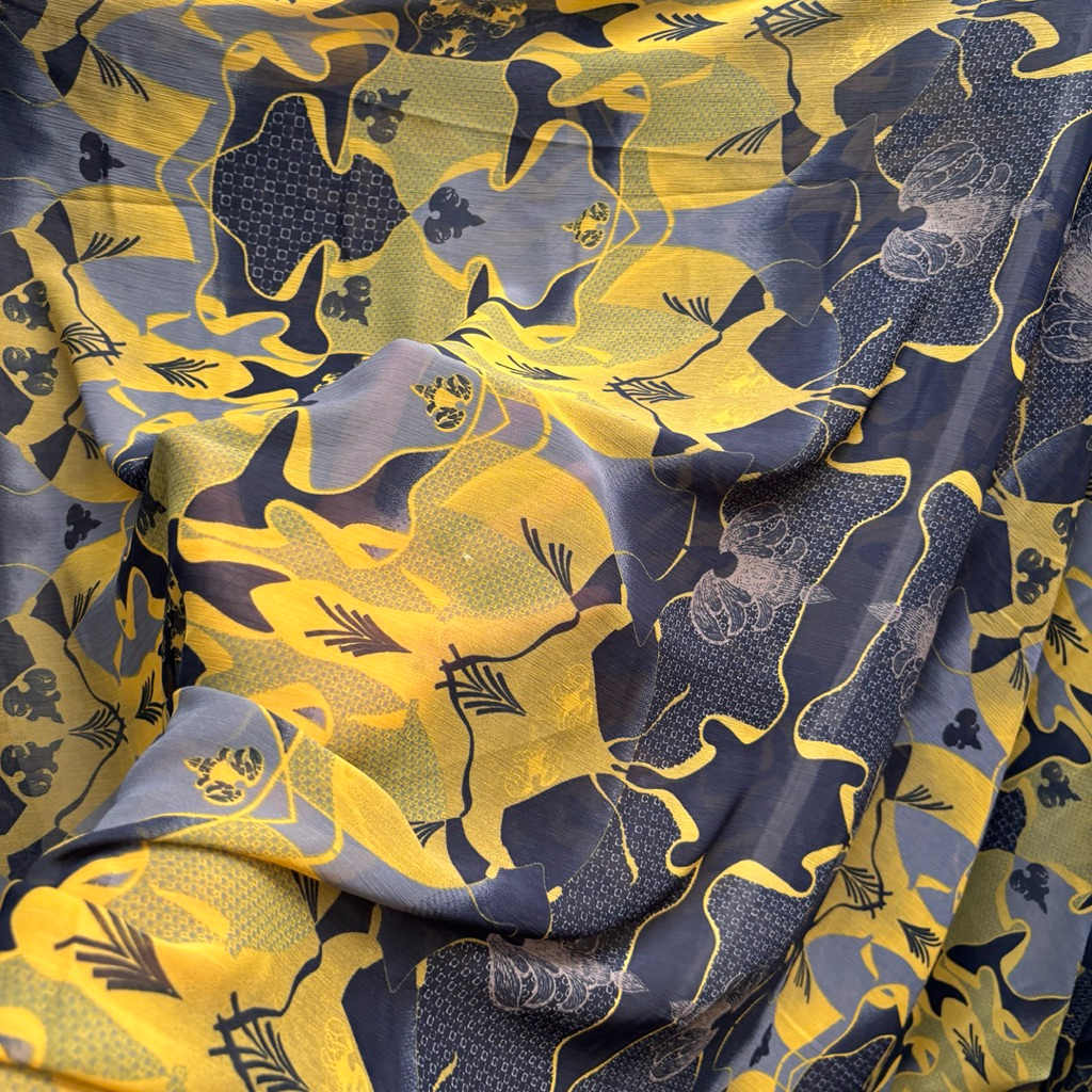 ผ้าชีฟอง Yoryu Ceruty ลายนามธรรมสีเหลือง | วัสดุเย็นตกสําหรับเดรสเสื้อ (Per 0.5m) jy