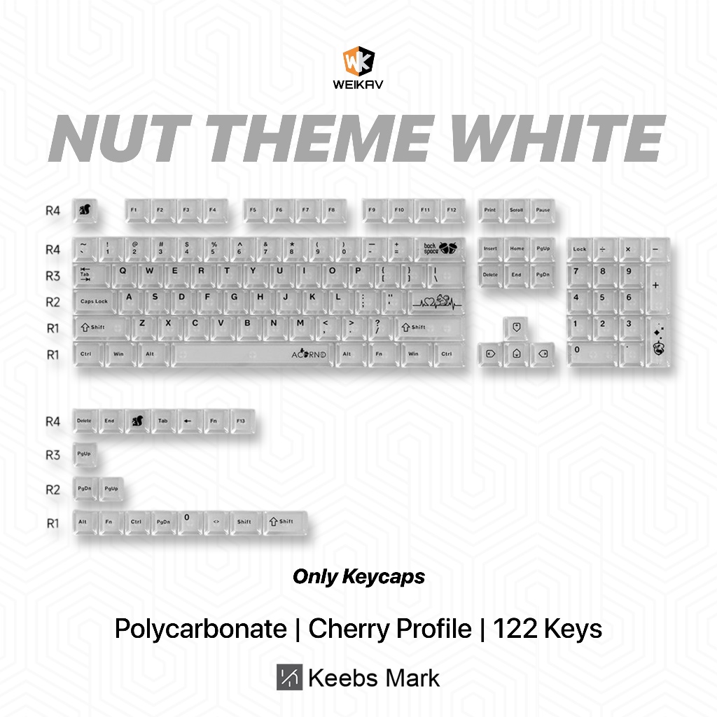 Weikav Nut65 Nut Theme ปุ่มกดสีขาว Polyคาร์บอเนต 122 คีย์ Cherry Profile คีย์บอร์ดเครื่องกล