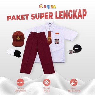 Arisa Setelan Seragam SD Laki Laki Kelas 1-6 Baju Pendek Celana Panjang Pinggang Karet Atribut Bordir