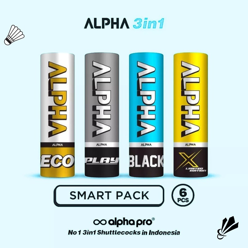 ALPHA ECO / ALPHA X / ALPHA BLACK / ALPHA PLAY ลูกขนไก่ 3in1 Smart Pack เนื้อหาลูกแบดมินตันดั้งเดิม 