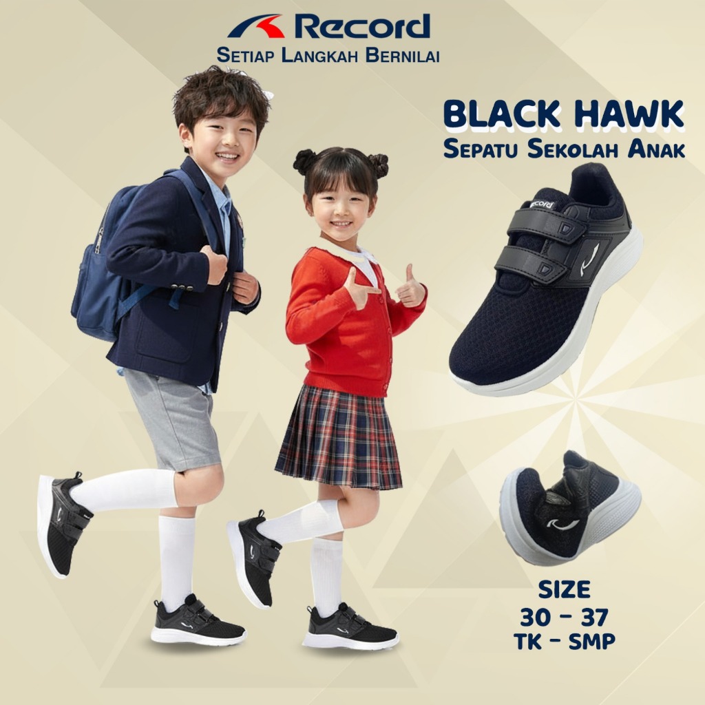 RECORD HAWK KINDERGARTEN-JUNIOR สูง SCHOOL รองเท้า 4-13 YEARS OLD FULL BLACK WHITE ADHESIVE SCHOOL 3