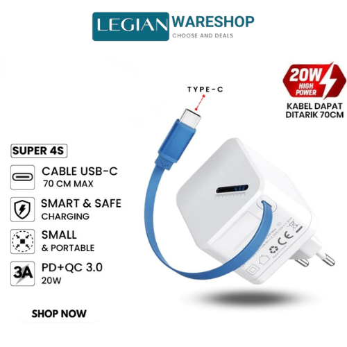VIVAN Adaptor Super 4S Batok Charger 20W 3A PD QC 3.0 Integrated Cable Type-C 70CM