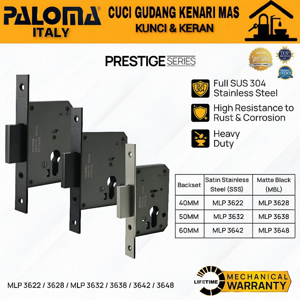 PALOMA Mortise ล็อค Body ประตูล็อค Swing Lockcase Deadlock ล็อคลิ้นล็อคสแตนเลส SUS 304 เงินซาตินสแตน