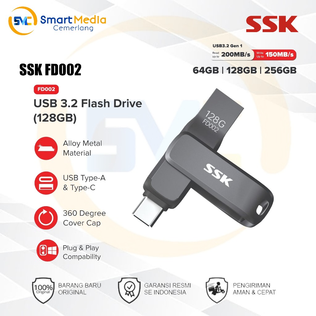 SSK FD002 Flashdisk OTG Dual Drive USB3.2 + ประเภท C 230Mb/s หมุนได้ความเร็วสูง 64GB/128GB/256GB