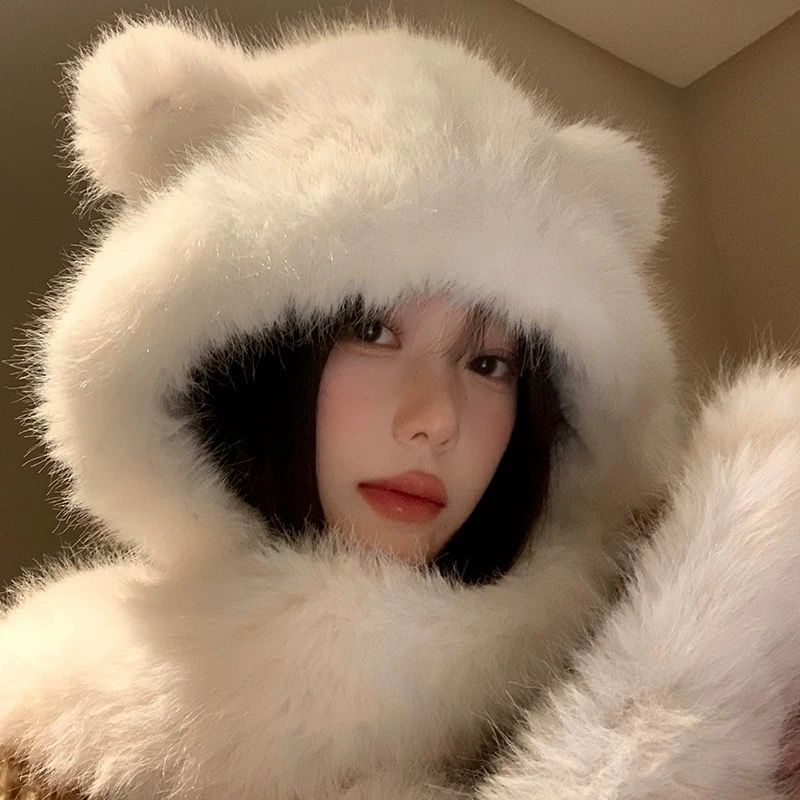 BUNNY HAT ผู้หญิง SCARF BUNNY FUR HAT ผู้หญิง WINTER FUR SCRAF หมวกผู้หญิงฤดูหนาว