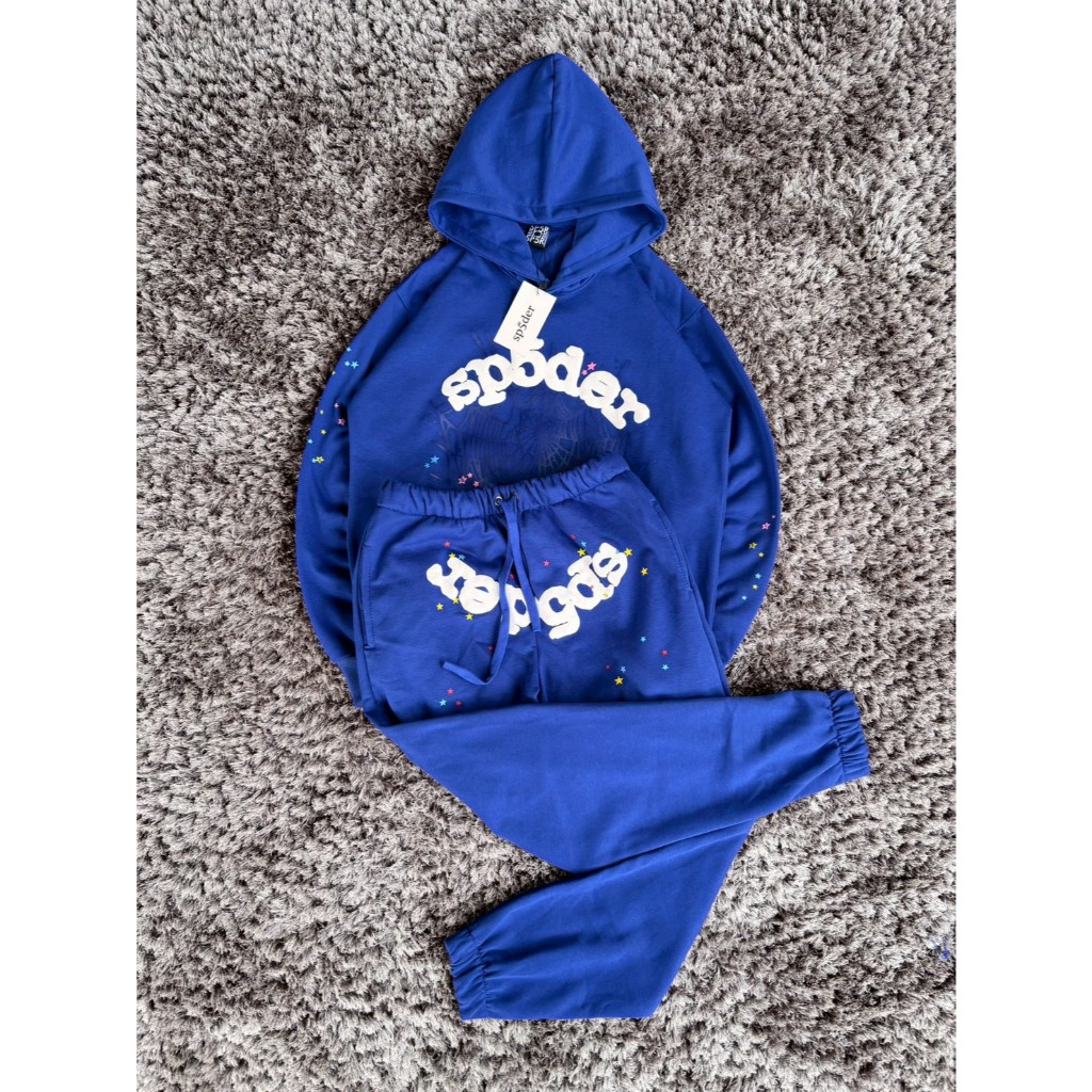 Sp5der Blue Foam Puff Hoodie Skenna Style Street Sweater Hip Hop Premium