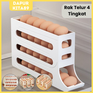 DK89 Rak Telur 4 Tingkat Bergulir Otomatis Egg Tray Kulkas Organizer Aesthetic Bahan Plastik Serbaguna