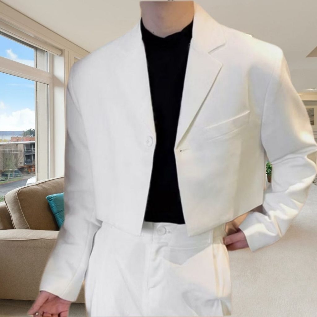 ต้นฉบับพรีเมี่ยมสีขาวผู้ชาย CROP TOP BLAZER JACKET