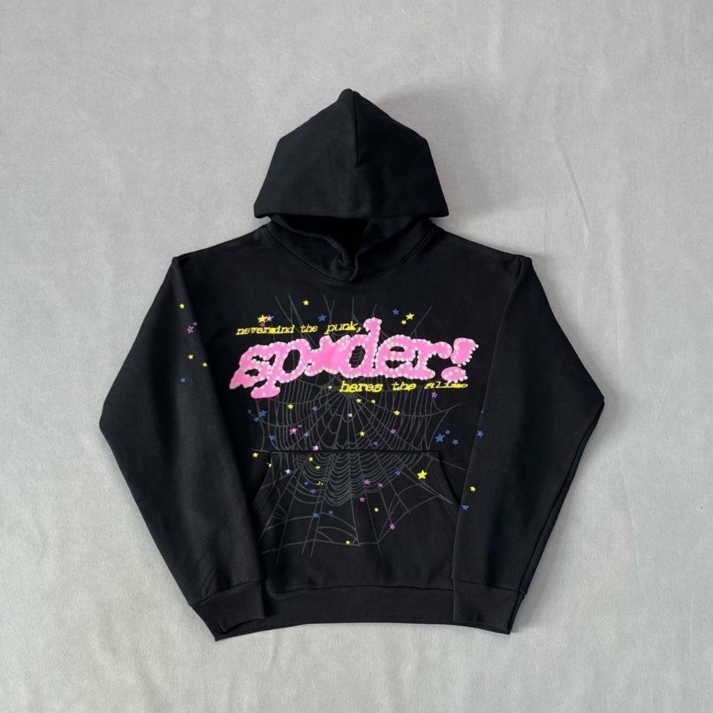 Sp5der สีชมพูสีดํา Hoodie เสื้อกันหนาวพัฟหน้าจอพิมพ์ผู้ชายแฟชั่นแบรนด์หรู Full Tag Label